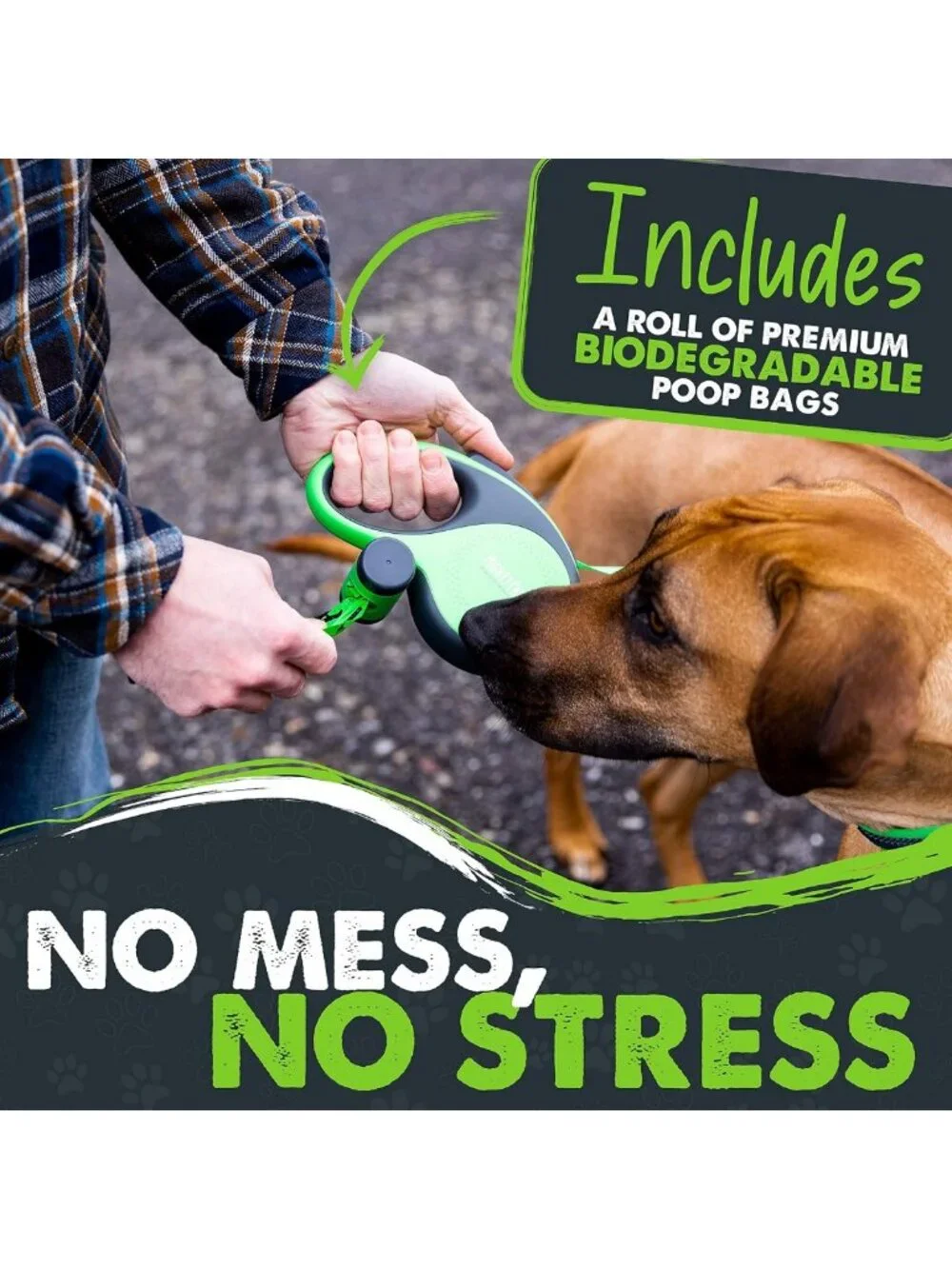 16' Retractable Dog Leash with Poop Bag Holder for Large Pets - Durable